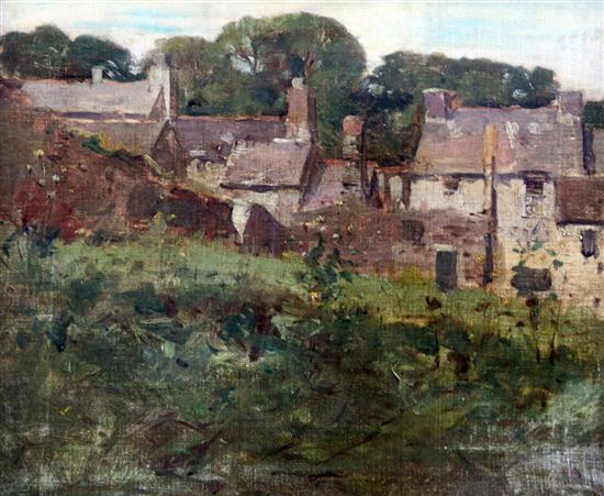 English School c.1900 Cottages viewed from a field, 15 x 18in.